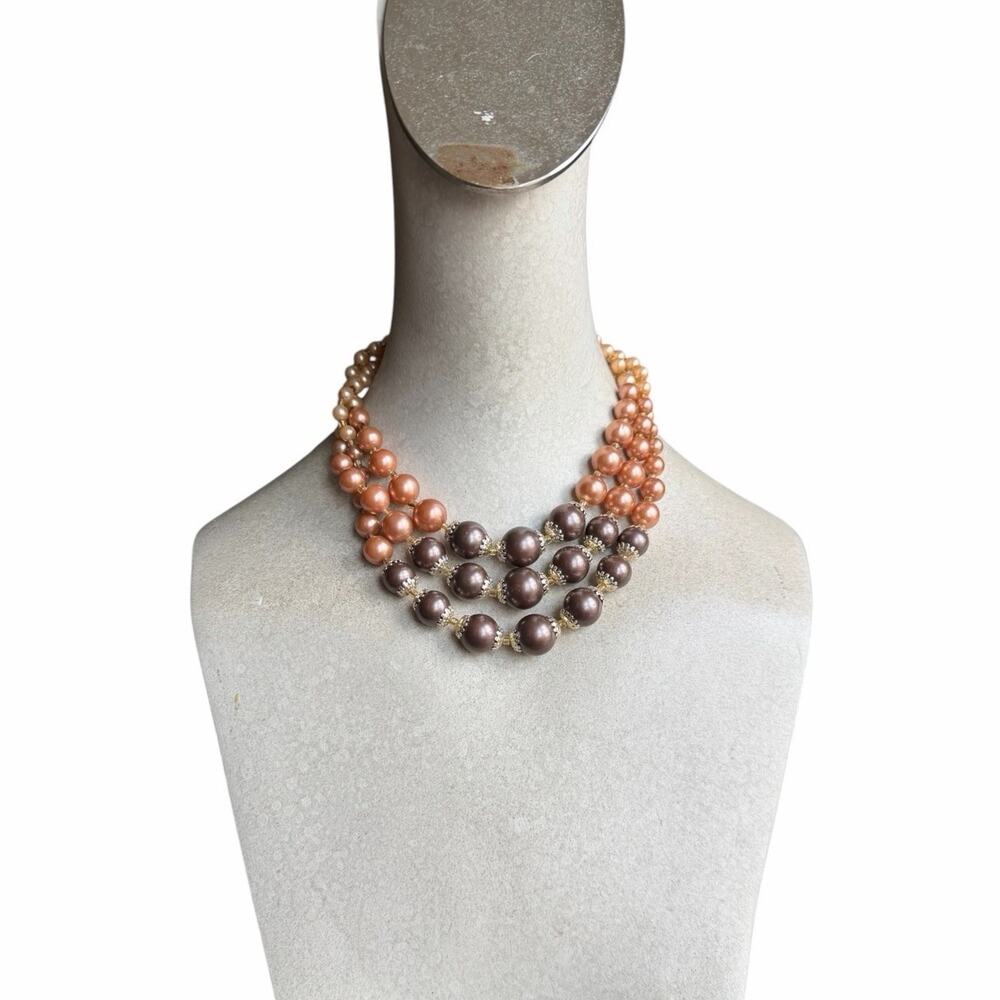 Signed JAPAN Multi Strand Beaded Necklace Brown Neutral Statement Layered